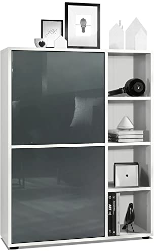 Vladon Highboard Schrank Anrichte Cuba mit 8 Fächern, Made in Germany, Korpus in Weiß matt/Fronten in Grau Hochglanz