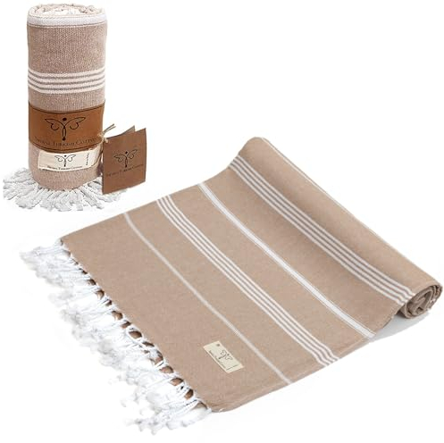 Smyrna Classical Series - Toalla de Playa turca Original, 100% algodón, prelavada, 37 x 71 Pulgadas, Toalla de baño turca y peshtemal para SPA, Playa, Piscina, Gimnasio y baño (Latte)