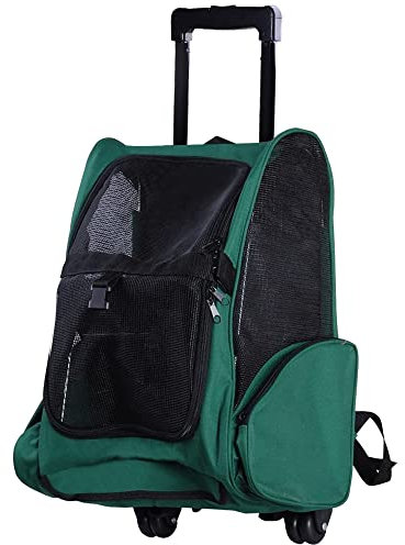 PawHut Trasportino Zaino 2 in 1 per Cani e Gatti con Tasche Laterali, Maniglia Telescopica e Ruote, 42x25x55cm, Verde