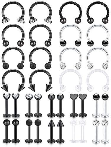 AceFun 16g Lip Piercing Bar Helix Tragus Cartilage Rings Black Stainless Steel Horseshoe Labret Lip Rings Medusa Piercing Jewelry 8mm 36Pcs