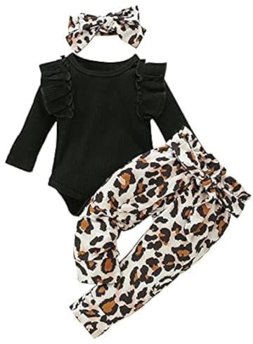 3 Pcs Baby Girl Leopard Clothes Ruffles Long Sleeve Fall Outfits Infant Baby Black Jumpsuit 12-18 Months (size 90)