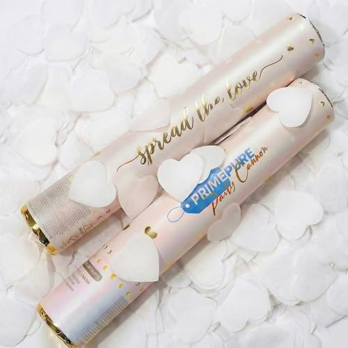PrimePure Confetti Cannon Party Poppers - White Heart Biodegradable Confetti Poppers - 2 Pack - Paper Hearts Pop Gun Party Cannon for Wedding Send Off, Engagement, Bridal Shower, Birthday, Shooters