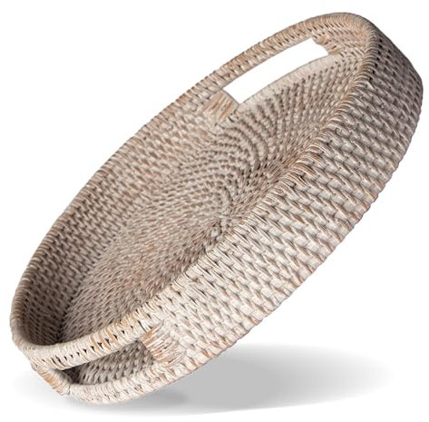 14 inch Round Rattan Serving Tray - Modern Woven Tray w/Handles for Dining Table, Livingroom, Patio Decor - Stylish Rattan Tray for Serving Fruits, Breakfast - Ideal for Coffee Table