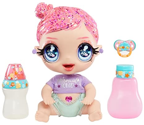 Glitter Babyz MGA Marina Finley - Babypuppe mit 3 magischen Farbwechseln durch eiskaltes Wasser, Pinkes-Glitzer-Haar, Meerjungfrauen Outfit, Windel, Flasche und Schnuller - Für Kinder ab 3 Jahren