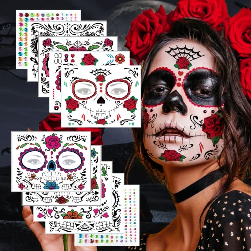 Halloween Aufkleber Gesicht,Mund Temporäre Tattoos Gesichtstätowierung Mit Totenkopf Floral,Glitzersteine Aufkleber für Karneval,Maskerade,Halloween Tag der Toten Kostüm Accessoires Damen-10 Blätter