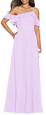 Vestidos de dama de honor gasa de un hombro sin mangas volantes largo dama de honor vestidos de una línea, Lila, 34