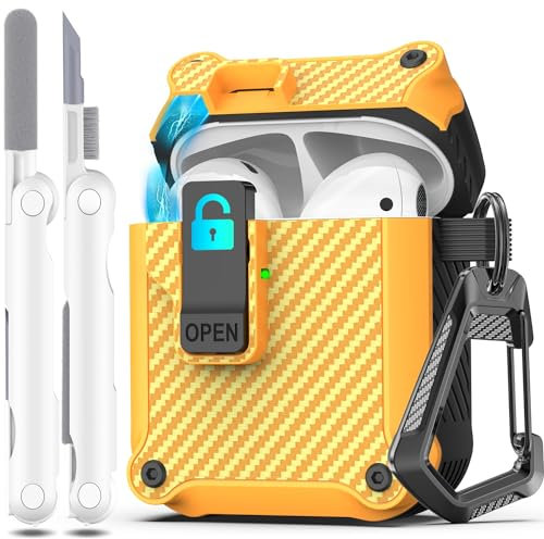R-fun Compatibile con AirPods 2a / 1a Generazione Copertura Della Cassa di Ricarica, Coperchio Pop-Up Auto Protezione Completa Compatibile con Airpods Custodia con Kit Cleaner e Portachiavi,Arancia