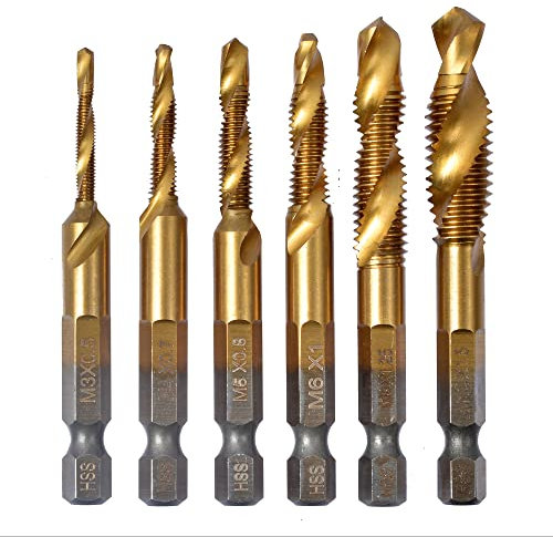 TINGMEI Drill Tap Bits,M3 M4 M5 M6 M8 M10 Metric Units HSS Drill and Tap Bits 1/4 Hex Shank - 6PCS (Titanium Coating)