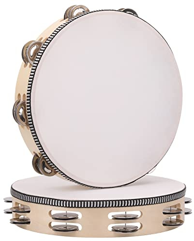 2Pack 10 Inch Double Row Tambourine for Adults Wooden Hand Held Drum Bell Tambourine with Metal Jingles, Percussion Musical Instruments Hand Tambourine for Church, KTV, Party