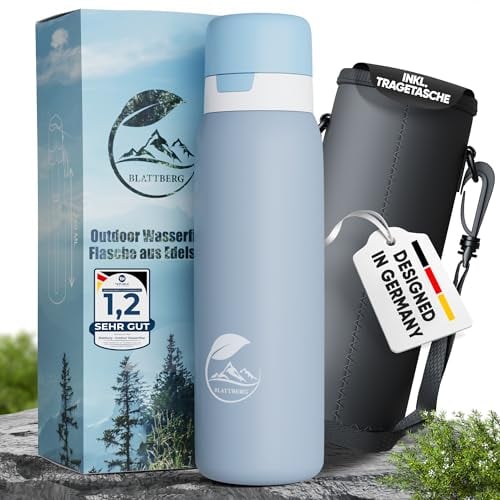BLATTBERG Edelstahl Outdoor Wasserfilter-Trinkflasche 740 ml – 500 L Filterkapazität, Entfernt 99,99% Bakterien Viren Schwermetalle Mikroplastik – Ideal für Camping, Wandern, Reisen, Alltag