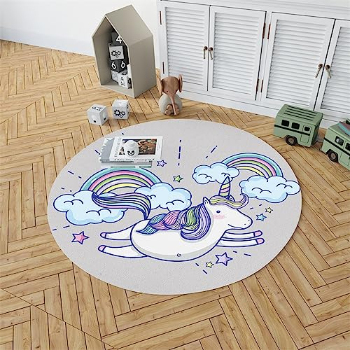 Teppich Graues Blaues Einhorn Outdoor Teppich Soft Teppich Rund Non-Slip Badezimmerteppich Waschbar Teppich Wohnzimmer Schlafzimmer Children's Room Teppiche Runder Teppich 120cm