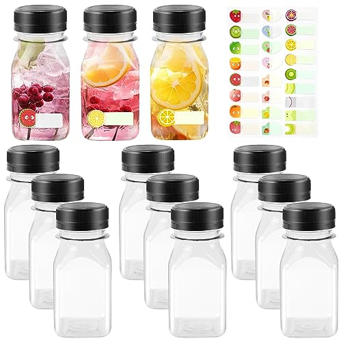 HXC Juice Bottles - 12 Pack 4oz/120ml Reusable Plastic Shot Bottles with Lids for Smoothie, Milk, or Juice Drinks - Includes Fruit Stickers