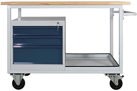 PROREGAL Mobile Werkbank Light Rhino mit Ablagefach+3 Schubladen | HxBxT 85x130x60cm | 2 Lenkrollen (mit Bremse) & 2 Bockrollen | Lichtgrau/Anthrazitgrau