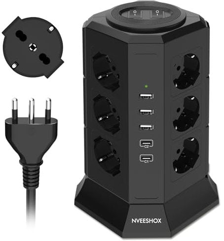 NVEESHOX Ciabatta Multipresa con 12 Prese Schuko (4000W 10/16A) & 2 USB-C (20W PD3.0) & 3 USB-A, IT Multipresa Verticale Protezione Sovratensione con Interruttore,Presa Multipla Cavo 2 M (Nero)