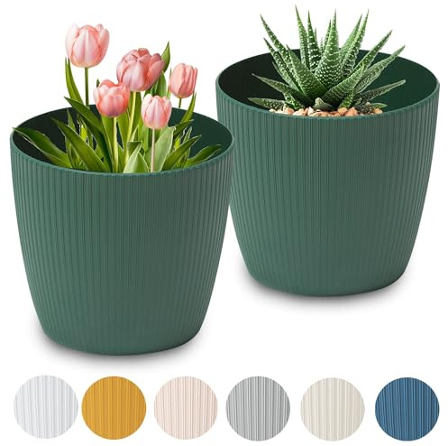 PECZEKO Pots de Fleurs Mat - Pots de Plantes décoratifs pour Fleurs et Herbes - Pots de Plantes Ronds en Plastique durables - 2 pièces (Vert, ø 22 cm)