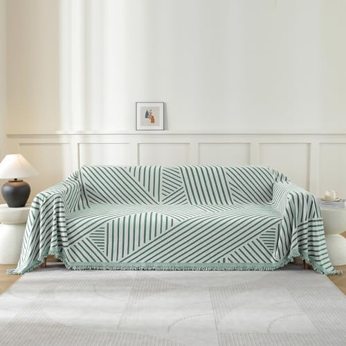 YSTELLAA Sofa Überwurfdecke 2 Sitzer, 180×280cm, Chenille AB Seiten Sofaüberwurf, Sofa Decken Überwurf Universal, Vier Jahreszeiten Sofabezug, Couch Überzug Mit Quaste, Hellgrün-Line