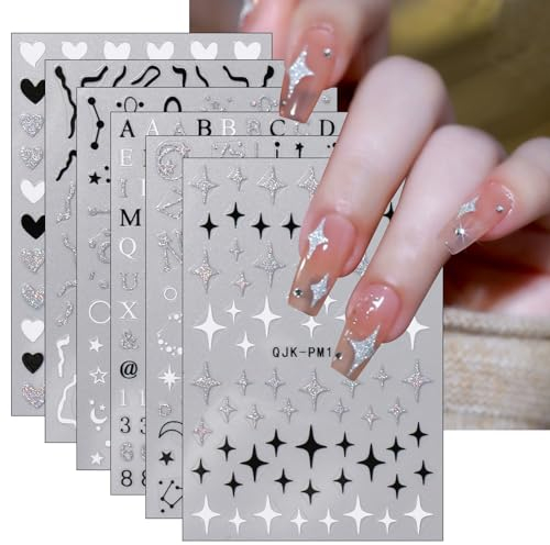 JMEOWIO 10 Sheets Glitter Black White Star Nail Art Stickers Decals Self-Adhesive Cute Nail Supplies Nail Art Design Decoration Accessories