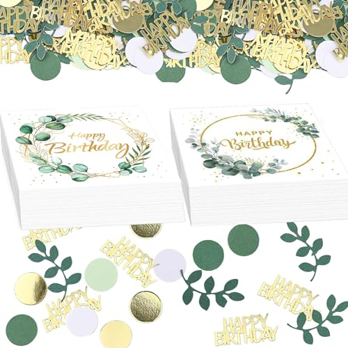 GoldRock Servietten Geburtstag Happy Birthday Konfetti Set, 40 Stk Happy Birthday Servietten, Tischdeko Geburtstag Grün Gold, Geburtstagsservietten Geburtstagsdeko Tisch für Frau Mann Kindergeburtstag