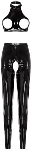 Jugaoge Damen Erotik Babydoll Ouvert BH Lack Leder Bra und Offener Schritt Hose Slim Fit Stretch Pants Zweiteilige Dessous Set Gogo Outfits Clubwear C Schwarz XL