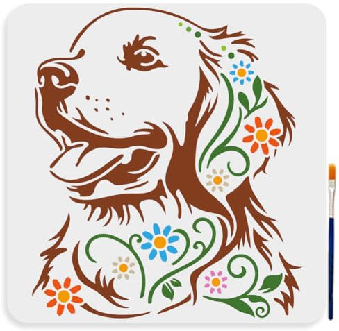 MAYJOYDIY Gemusterte Hunde Schablone 30×30cm Florale Golden Retriever Malschablonen Mit Pinsel Wiederverwendbare Tier Haustier Vorlage Zum Malen Für Holz Wände Fenster Heimwerker Dekoration