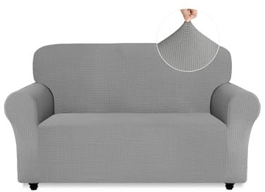 Easy-Going Stretch Sofa Überzug 2 Sitzer, Rutschfester Sofabezug für Hund Katze, Stilvoller Jacquard Couch Überzug Bezug, Weicher Küchensofa Couch Cover, 1 Stück Sofaschoner mit Armlehnen, Hellgrau