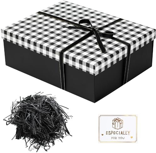 Geschenkbox mit Deckel 25 cm x 18 cm x 8,5 cm, Geschenkbox mit Schleifen, Grußkarten, Raffia Hamper Shreds für Valentinstag Hochzeit Geburtstag Weihnachten(Plaid)