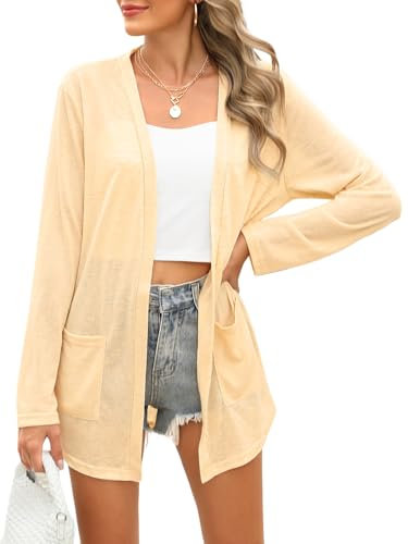 Wiwclo Womens Apricot Long Sleeve Kimono Cardigans V Neck Open Front Lightweight Fall Cardigan Casual Loose Duster Cover Up Curved Hem with Pocket,M