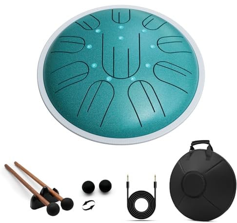 Steel Tongue Drum Electroacoustic, 10 Zoll 10 Noten Hanpan, G-Dur, Steel Hand Pan Drums Schlägel und Tragetasche, Malachitgrün