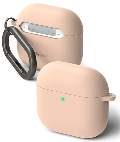 Ringke Silicone Kompatibel mit AirPods 4 Case Hülle, Weiche Beschichtung Flüssig Silikon Kratzfest Stoßfest Öl Fleckenfest SchutzHülle, mit Karabiner für AirPods 4. Generation - Pink Sand