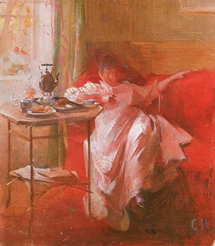 ARToPHIIU Berühmte Gemälde Wandbilder Drucke Poster Leinwand Wandkunst Lesende Dame auf rotem Sofa von Curt Herrmann Kunst Poster für Wohnzimmerdekoration 60x90cm