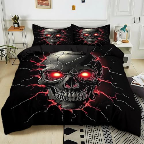Generisch Bettbezug 135x200 cm Roter Blitzschädel Schwarz Bettbezug Bettwäsche-Set für Jungen Mädchen Kinder Weiche Polyester-Baumwolle Wende Bettwäsche mit 2 Kissenbezug