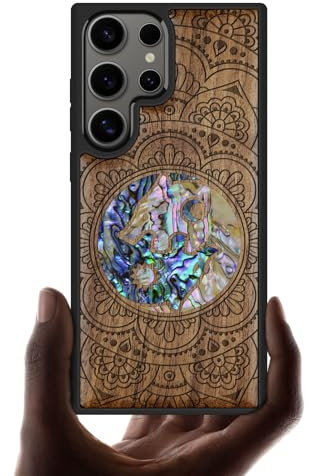 Carveit Handyhulle für Galaxy S25 Ultra Coque [Gravure en Bois et Incrustation de Coquille] Œuvre d'art Unique Compatible avec Samsung S25 Ultra Étui (Noyer-Coquille Yin Yang Loup)