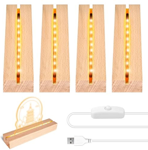 BORDEAG 4 luci a LED, base LED, base luminosa in legno, base luminosa a LED, base luminosa con cavo USB, base rettangolare per illuminazione in legno, supporto per 3 mm di spessore, piastra in