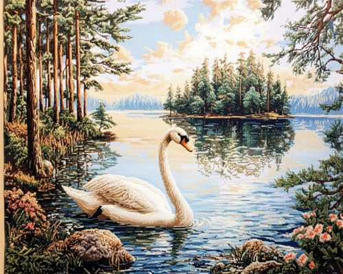 AMBATTERY DIY Teppich Knüpfen Set Erwachsene Weißer Schwan Im See DIY Knüpfhaken Set Knüpfteppich Zum Selber Knüpf-Sets Mit Kissen Knüpfen-Set Knüpfen Set Anfänger Vorgedruckt 31x45in