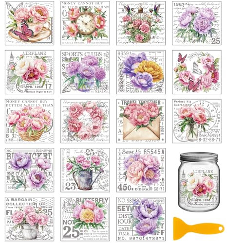 GLOBLELAND 18 Blatt Vintage Transferfolie Für Pfingstrosen In Lila 3.9x3.6Zoll Bunte Rosa Pfingstrosenblumen Schmetterlinge Vase Heimaufkleber Text Tassen Transferaufkleber Für Möbel Vasen Glas