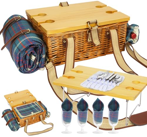 HYBDAMAI Picknickkorb-Set für 4 mit Klapptisch, Kühltasche und Besteck | Geflochtener Weidenkorb, stabiler Tragehenkel, rustikales Design, ideal für Picknick, Camping, Gartenfeste und Geschenke
