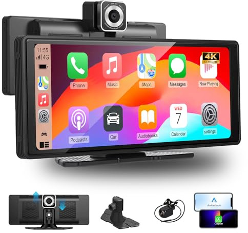 10,26 Zoll Tragbares Dashcam Auto mit Wireless CarPlay Android Auto Display | 4K Dashcam & 1080P Rückfahrkamera, 3-in-1 mit IPS Touchscreen, Bluetooth Adapter Auto, FM/AUX/TF-Karte Autoradio Bluetooth
