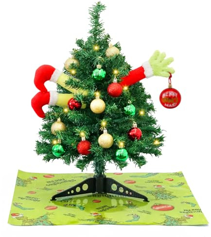 Grinch Christmas Tree Small Mini Christmas Tree with LED Lights Arms and Legs Tabletop Grinch Decoration Ornaments for Indoor Home Party Decor