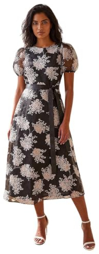 Roman Originals Floral Organza Belted Dress for Women UK - Ladies Everyday Holiday Spring Summer Round Neckline Comfy Soft Evening Vacation Work Party - Black - Size 12