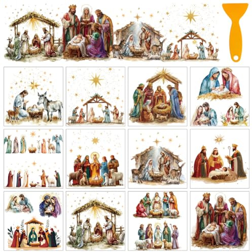 AHANDMAKER 12 Blatt Rub on Sticker Weihnachtskrippe Fensteraufkleber Zum Aufreiben Transferaufkleber Möbelaufkleber Für Zuhause Schule Büro Dekoration DIY Handwerk Scrapbook Glas 14x14cm