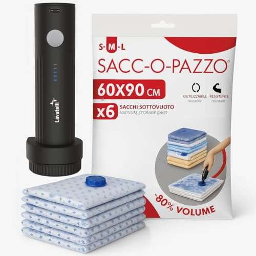 Lavatelli, Set Sottovuoto Salvaspazio con Pompa Elettrica Ricaricabile USB-C + 6 Sacchetti 60x90cm | Ideale per Coperte, Piumoni, Vestiti, Armadi | Pompa Wireless Compatta | Uso Casa e Viaggio