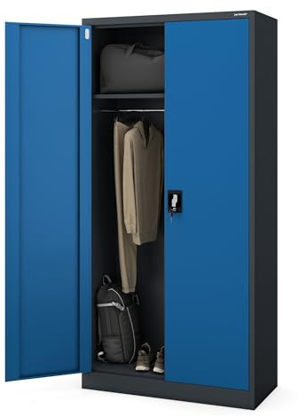 Jan Nowak Kleiderschrank abschließbar, Büroschrank mit Kleiderstange | Aktenschrank, Metallschrank mit Fächern, Kleiderstange, 50 kg Fachlast, Stahl 0,6 mm, Schloss, Wandmontage, 185 x 90 x 45 cm