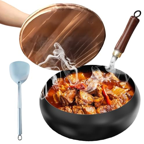 Antihaftbeschichtete Wok-Pfanne, tiefe Bratpfanne mit Deckel, 24 cm Bratpfanne, tiefe Bratpfannen mit Deckel, Holzgriff, unbeschichteter flacher Boden, Eisen-Wok für Induktion, Elektro, Gasherde, alle