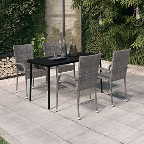 Ziaphsol 5-TLG. Garten-Essgruppe, Grau/Schwarz, PE-Rattan & Stahl, 140x70x74 cm Tisch, 4 Stühle, wetterfest, für Terrasse, Balkon, Essbereich im Freien