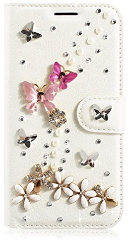 Awenroy Glitter Wallet Case for iPhone XR Luxury Bling Rhinestones Diamonds Pattern and PU Leather Magnetic Flip Cover with Card Slots Holders Wallet Case - White