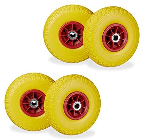 Relaxdays Roue de Diable, 4X Roue de brouette Caoutchouc, 3.00-4, 260 x 85 mm, pour axe de 20 mm, Jaune-Gris