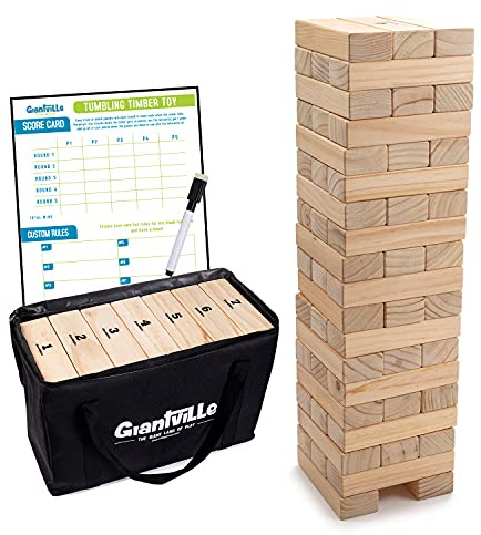 Giantville Giant Tumbling Timber Toy - STEAM-Credited Premium Pine Wood Blocks Tower - Indoor/Outdoor Yard Game for Kids & Adults - 56 Pieces + Carry Bag - Grows to Over 4 Feet