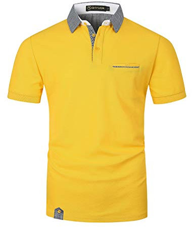 GHYUGR Men's Short Sleeve Polos with Classic Plaid Splice Golf Polo Shirts S-2XL,Yellow,L