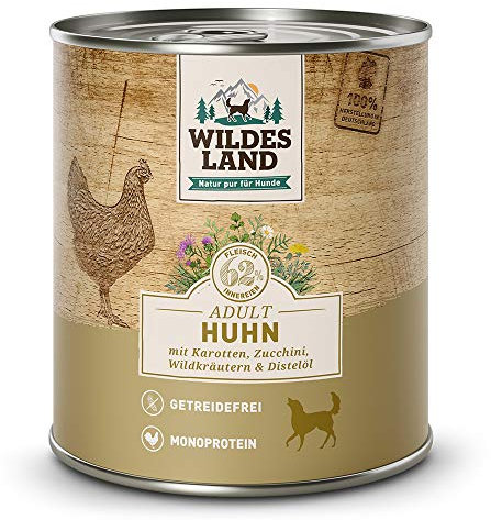 Wildes Land - Nassfutter für Hunde - Nr. 2 Huhn - 12 x 800 g - mit Karotten, Zucchini, Wildkräutern & Distelöl - Glutenfrei - Extra viel Fleisch - Beste Akzeptanz und Verträglichkeit