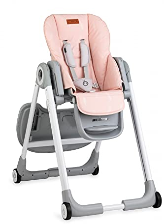 MoMi LUXURIA Kinderhochstuhl mit 4 Rollen mit Bremsfunktion, 5-Punkt-Sicherheitsgurt, klappbar, höhenverstellbar (7 Stufen), verstellbare Rückenlehne (5 Stufen) und Tablett (2-stufig), Fußstütze